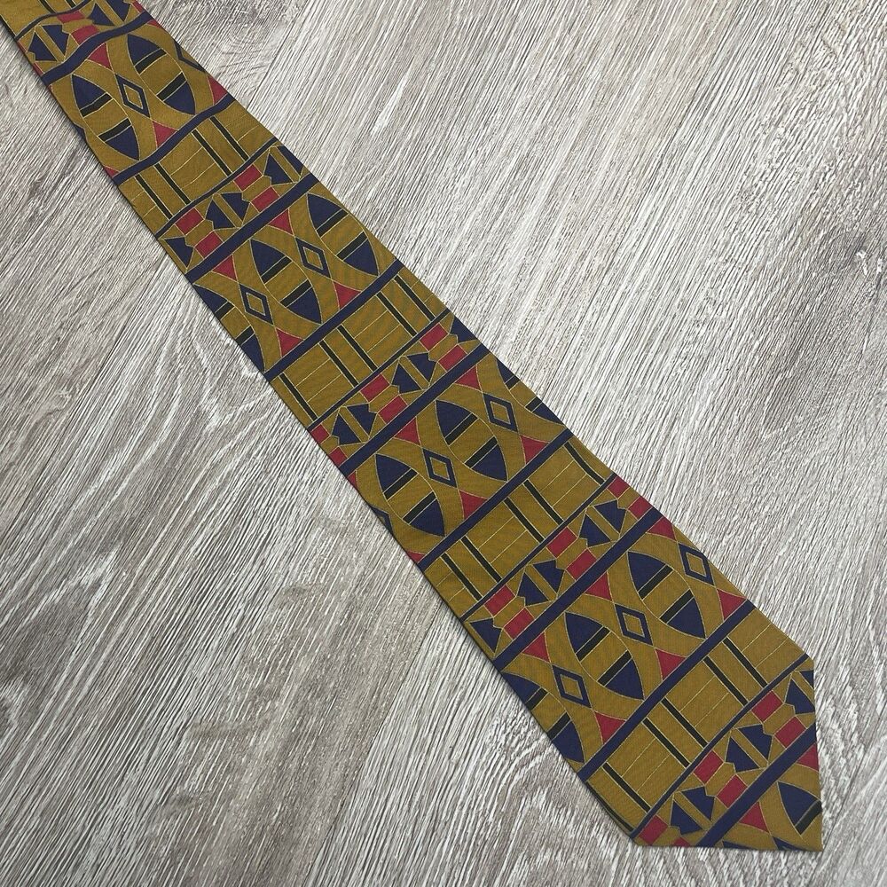 Vintage Oscar De La Renta Men’s Silk Tie Geometric Pattern Made In USA Gold, Red